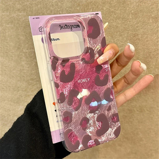 Phone Case for iPhone 16 Pro Max 15 14 Plus 13 12 11 XS X XR 7 8 SE 2022 Cute Pink Leopard Print Stylish Lovely Heart Soft Cover