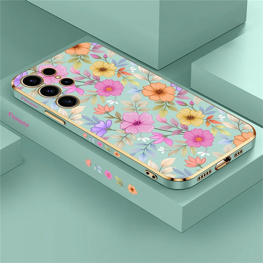 S24 Plus Luxury Plating Phone Case For Samsung Galaxy S24 Ultra S24 5G A25 A24 A15 Shockproof Flowers Pattern Back Cover Coque