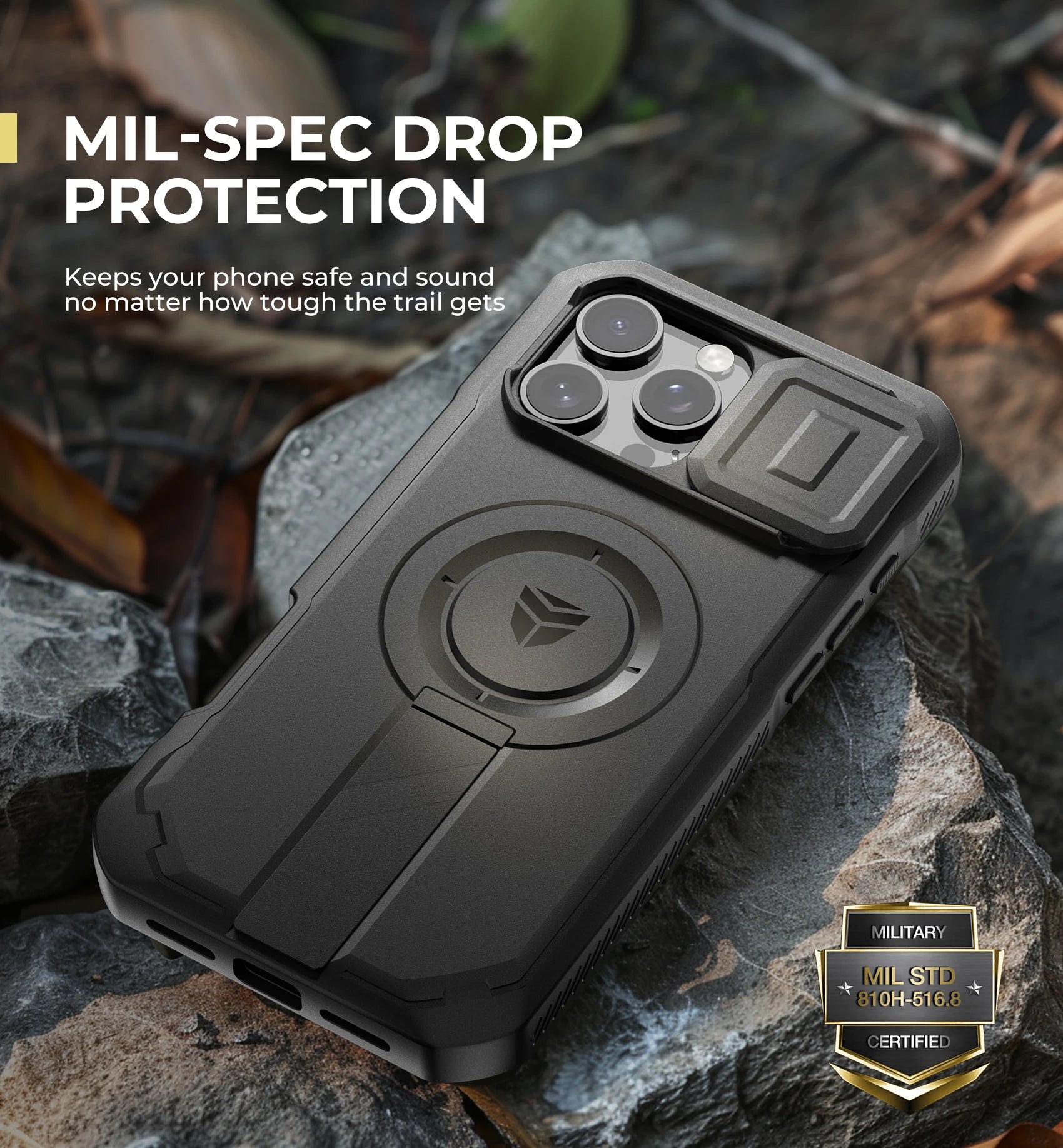 For iPhone 16 Pro Max Rugged Armor Shockproof Case with Built-in Sliding Camera Cover and Built-in Screen Protector Kickstand - Caseverse