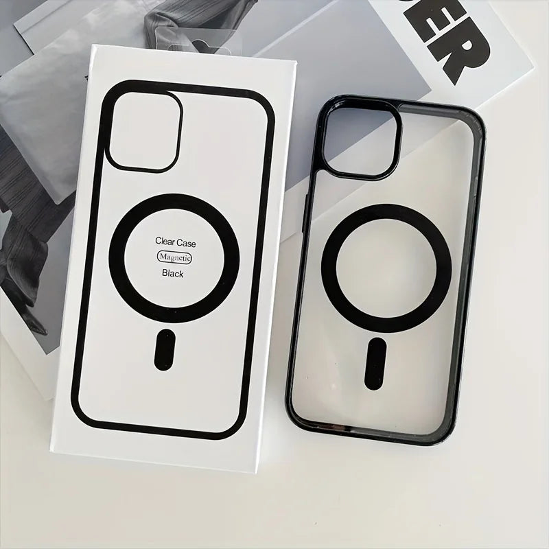 Clear Black Magnetic Phone Case for iPhone 15 14 Max Plus 13 12 Mini 11 Strong Magnet Mobile Cases with Box Shockproof Cover - Caseverse
