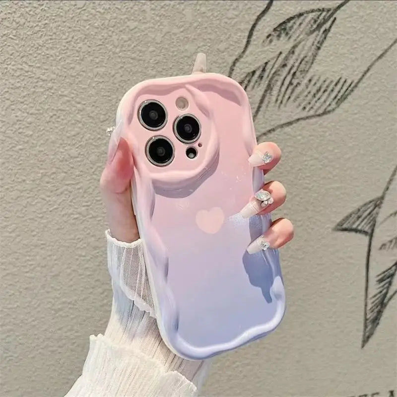 Gradient Love Heart Wavy Phone Case For IPhone 16 15 Pro Max 14 11 13 12 Mini XR 8 7 Plus X XS SE 2022 Clear Soft Silicone Cover - Caseverse