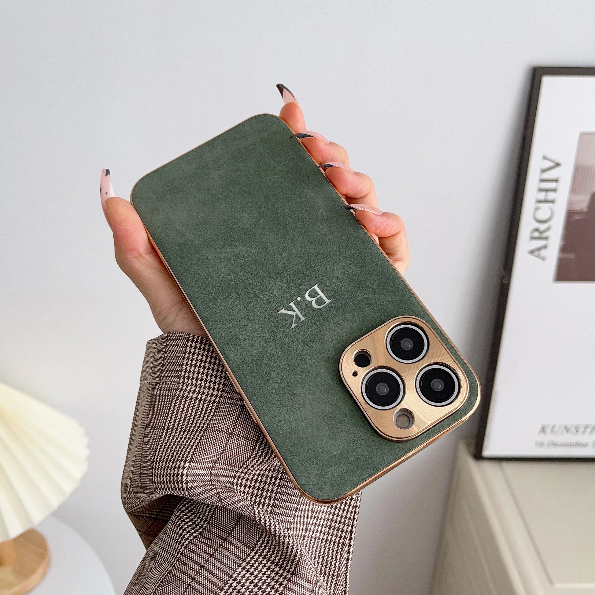Leather Personalised Customized Name Case For Iphone 11 12 13 14 15 16 Pro Max Plating Frame Lambskin Initials Cover 16 11 15Pro - Caseverse