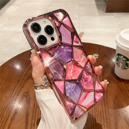 Plating Glitter Diamond Pattern Colorful Marble Phone Case For iPhone 15 13 11 12 14 Pro Max Soft Silicone Transparent Cover