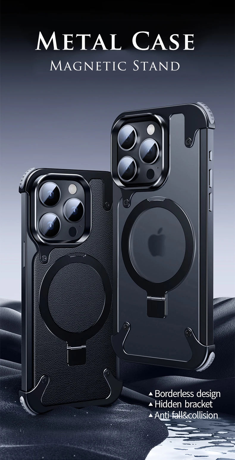 Aluminum Alloy Magnetic Stand Rimless Phone Case For iPhone 13 14 15 Pro Max 15Plus Metal Lens Shell  Frosted Matte Back Cover - Caseverse