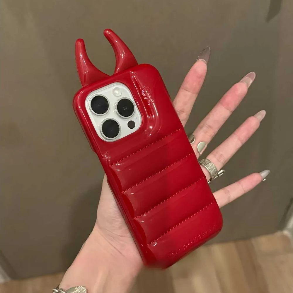 Soft Cute 3D Phone Case for IPhone15 14 13 12ProMax Anti-drop Patent Leather Down Three-dimensional Horn Shockproof Cover Cases - Caseverse