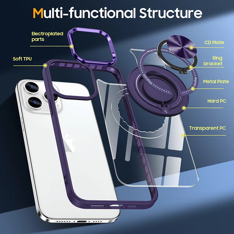 Metal Ring Magnetic Bracket Wireless Charging Phone Case for iPhone 16 15 14 Pro Max