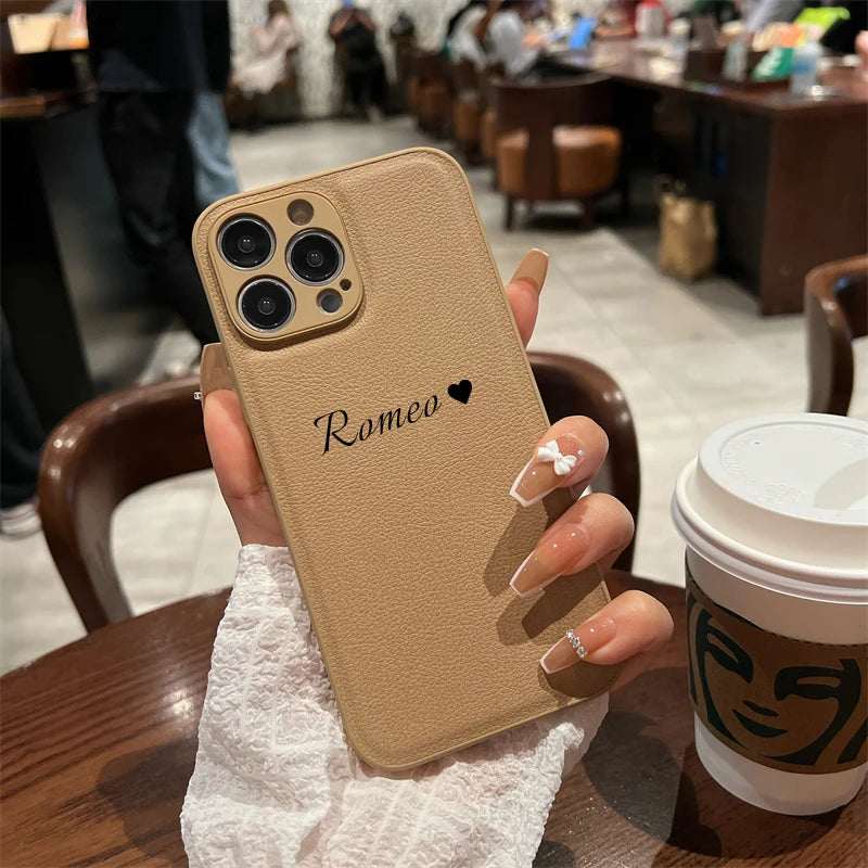 Personalized Customized Name Heart Phone Case for iPhone 16 15 14 13 Pro Max 12 11 X XS XR Design Leather Protective Back Cover - Caseverse