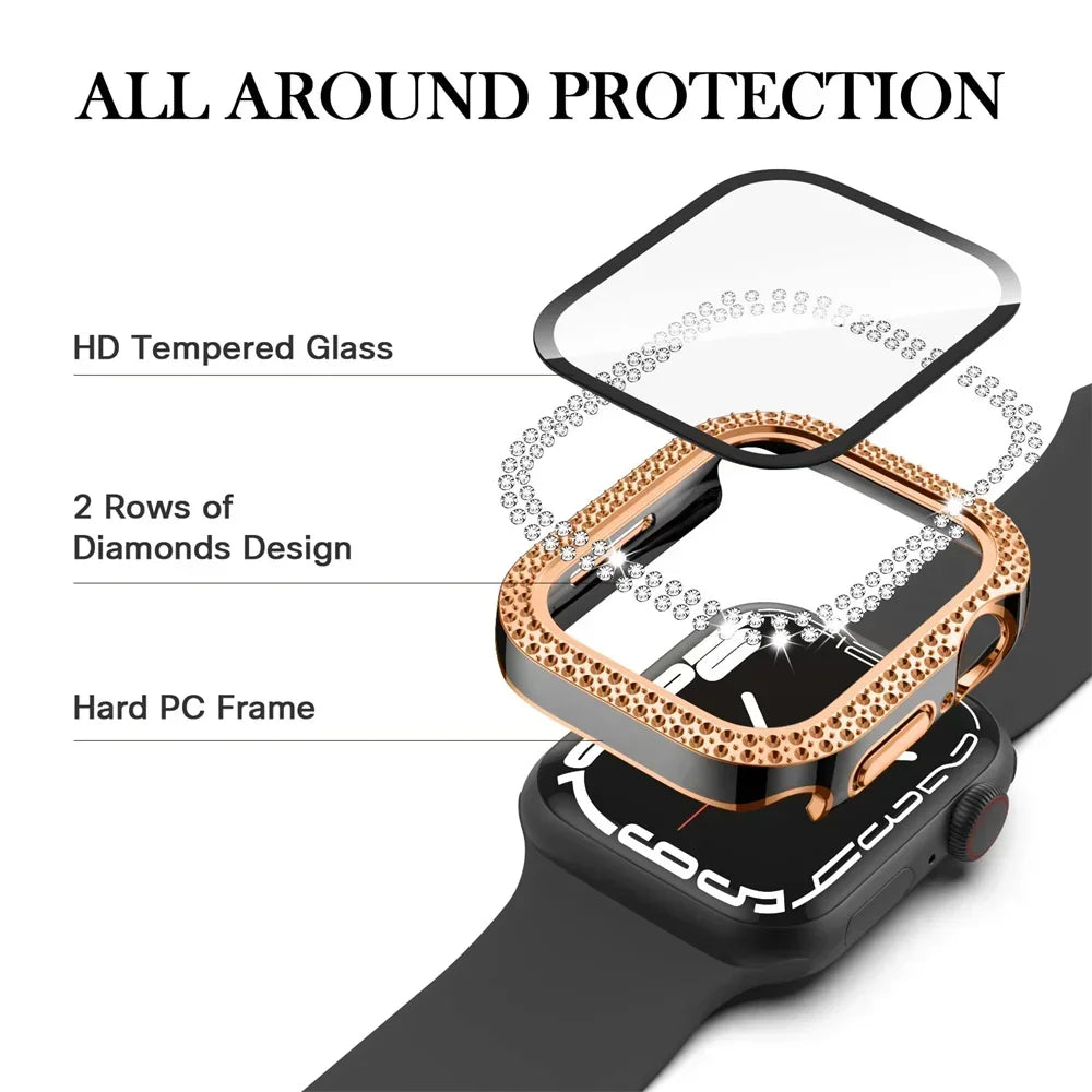 Diamond Case For Apple watch Cover 45mm 41mm 38mm 42mm 44mm 40mm Tempered Glass+ Bumper Screen Protector series 9 8 7 6 5 4 3 SE