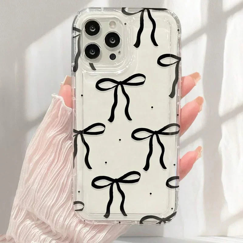 Case For iPhone 16 15 14 13 12 11 Pro Max Coquette Black Bowknot Print Clear Phone Cover For iPhone XR XS X 7 8 Plus SE2 Cases - Caseverse
