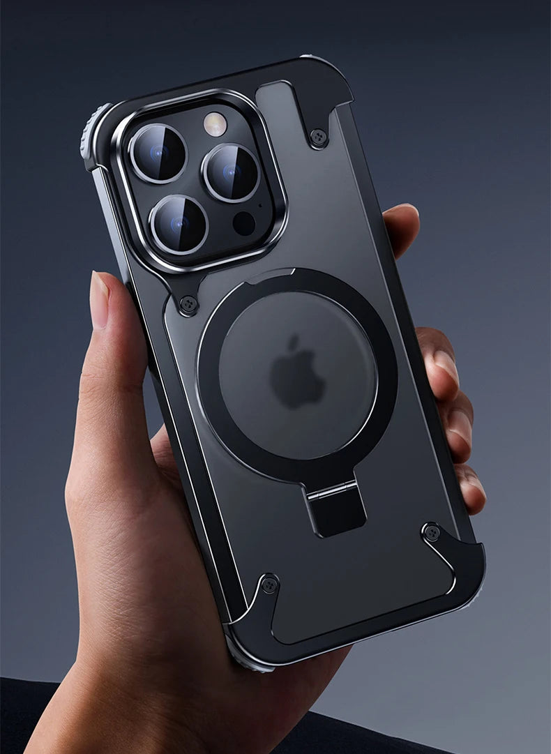 Aluminum Alloy Magnetic Stand Rimless Phone Case For iPhone 13 14 15 Pro Max 15Plus Metal Lens Shell  Frosted Matte Back Cover - Caseverse