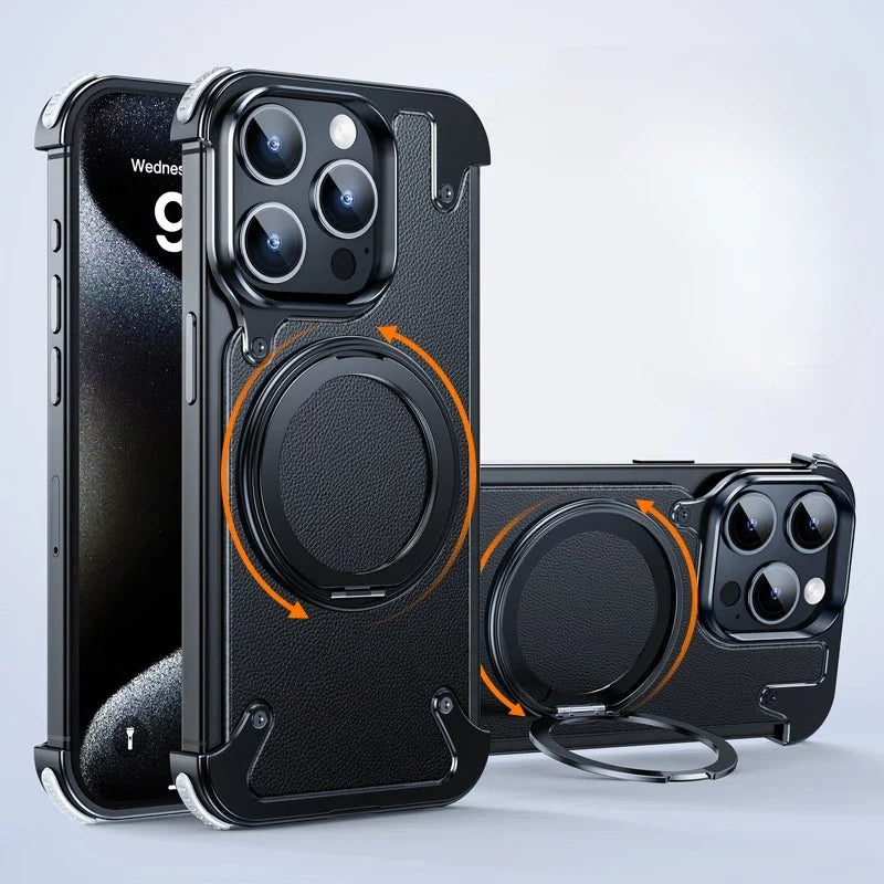 For iPhone 15 Pro Max Case Aluminum Alloy Metal Magnetic Magsafe 360° Rotate Stand Rimless car Phone holder matte leather Cover