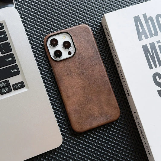 Luxury Business Vintage Leather Magnetic Phone Case for IPhone 16 Plus 15 14 13 12 Pro Max Metal Camera Frame Shockproof Cover