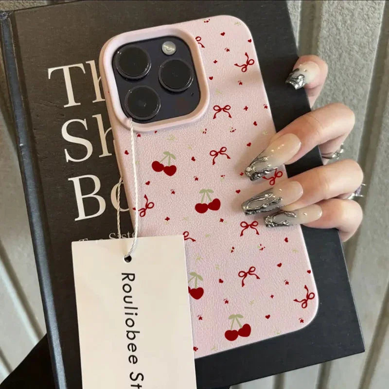 For iPhone 16 15 14 13 12 11 Pro Max Case Cherry Bow Lichee Pattern Silicone Phone Cover For iPhone XS Max 14 15 16 Plus Fundas - Caseverse