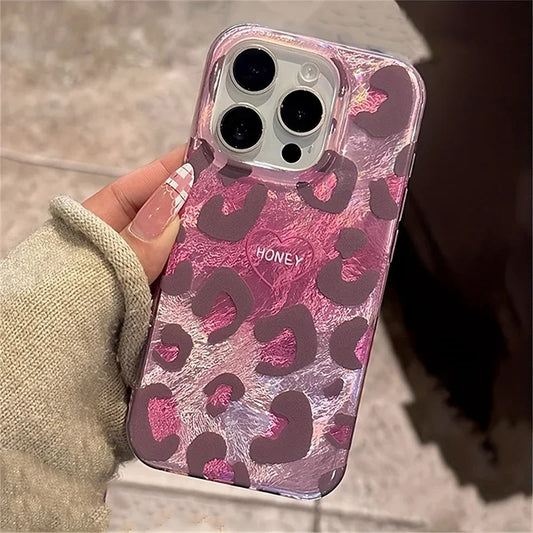 Phone Case for iPhone 16 Pro Max 15 14 Plus 13 12 11 XS X XR 7 8 SE 2022 Cute Pink Leopard Print Stylish Lovely Heart Soft Cover