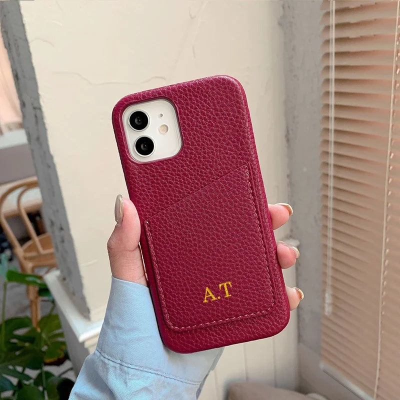 Personalized Phone Case with Card Holder Custom Initials Protective Cover iPhone16Promax 11 12 13 14 15Pro Max XS XR Mini - Caseverse