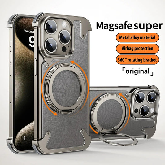 For iPhone 15 Pro Max Case Aluminum Alloy Metal Magnetic Magsafe 360° Rotate Stand Rimless car Phone holder matte leather Cover