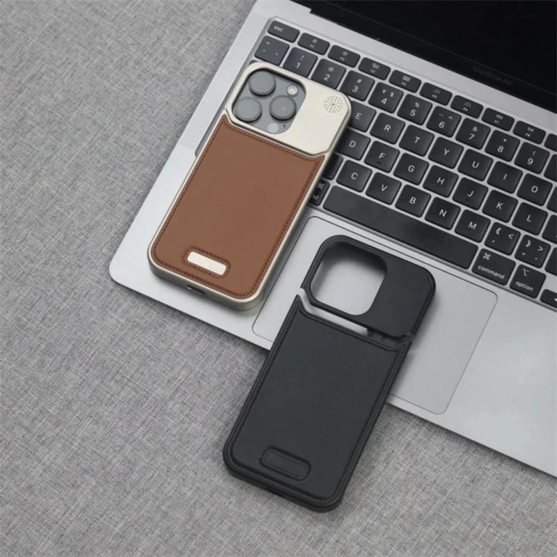 Aluminum Alloy Leather Magnetic Phone Case For iPhone 16 16pro 15 14 Pro Max Wireless Charging Metal Frameless Shockproof Cover