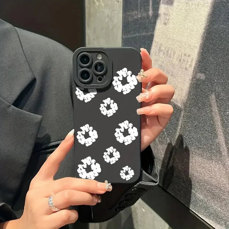 Case For iPhone 16 Cases iPhone 15 11 12 13 14 Pro Max X XS XR 7 8 16E 15 Plus Black Stylish Flower Patterned Design Phone Cover