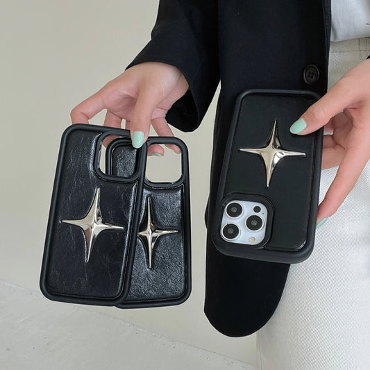 Luxury Metal Star PU Leather Phone Case For iPhone 15 14 13 12 Pro Max 15pro 14Pro Shockproof Cover Men Women Stylish Cases