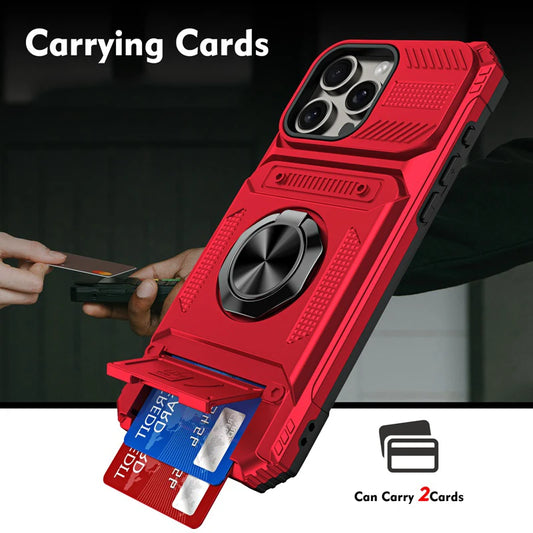Military level armor card holder ring stand phone case for iPhone 16 15 14 13 Pro Max car phone magnetic shockproof hard cover - Caseverse