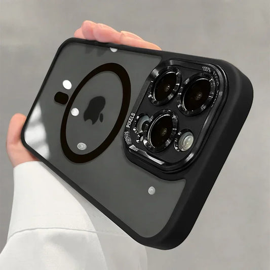Luxury Magnetic Metal Lens Bumper Protection Case For iPhone 16 15 14 13 12 11 Pro Max Plus Magsafe Acrylic Translucency Cover