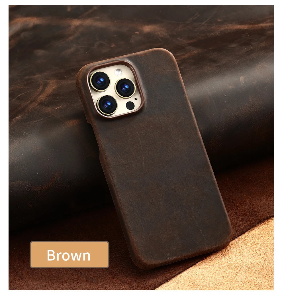 Retro Cowhide Phone Case for iPhone 16 15 13 14 Pro Max 16Pro 14Pro 15Pro Luxury Crazy Horse Genuine PULL-UP Leather Back Cover