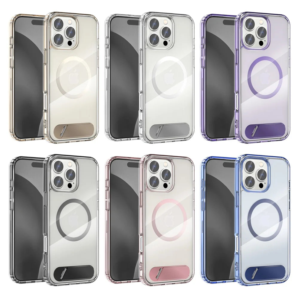 Luxury Metal Stand Clear Magnetic Phone Case For iPhone 16 13 14 15 Pro Max Folding Invisible Bracket Shockproof Protector Cover