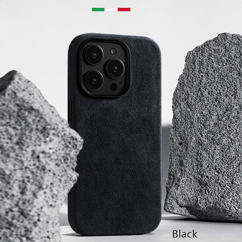 Alcantara Metal Lens Protection Phone Case for iPhone 12 13 14 15 16 Pro Max Magnetic Attraction High-end Imported Suede Cover