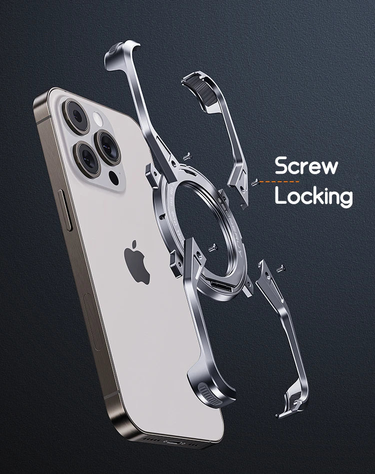 Metal Aluminium Alloy Magnetic Frameless Phone Case For iPhone 14 13 15 Pro Max 360° Stand Rimless Bumper Shockproof Metal Cover