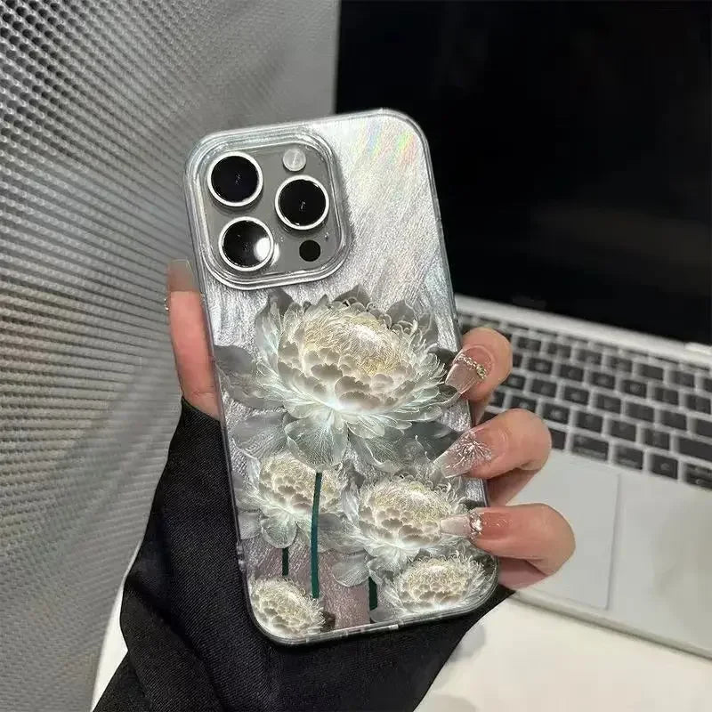 Luxury Five Lotus Pattern Phone Case For iPhone 16 15 14 13 12 11 Pro XR XS 7 8 Plus Shockproof Feather Chiffon Texture Cover﻿