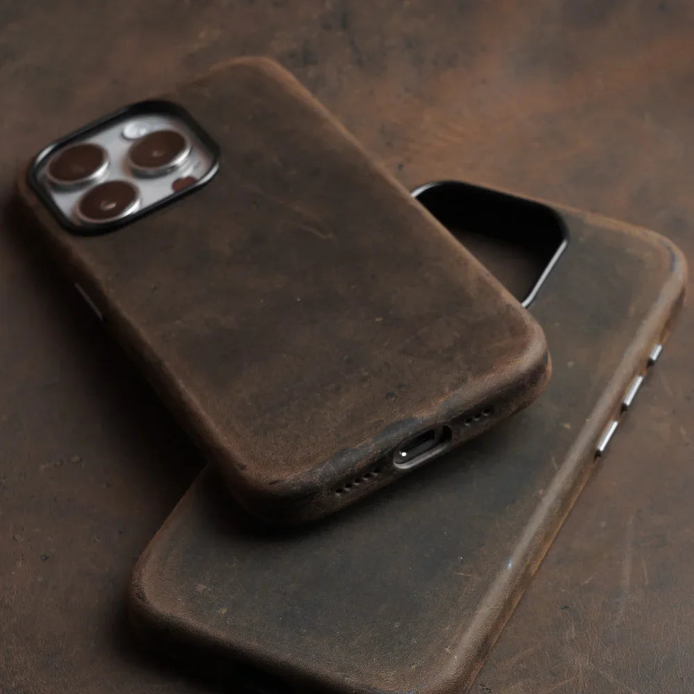 YMW Italian Crazy Horse Genuine Leather Case for iPhone 16 Pro Max 15 14 Personality Cowhide Magnetic Phone Cover - Caseverse