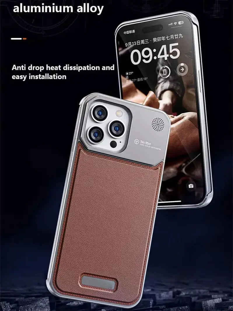 Luxury Leather Metal Integrated Phone Case For IPhone 16 Pro 15 14 13 ProMax Push-Pull Installation With Aromatherapy Back Cover
