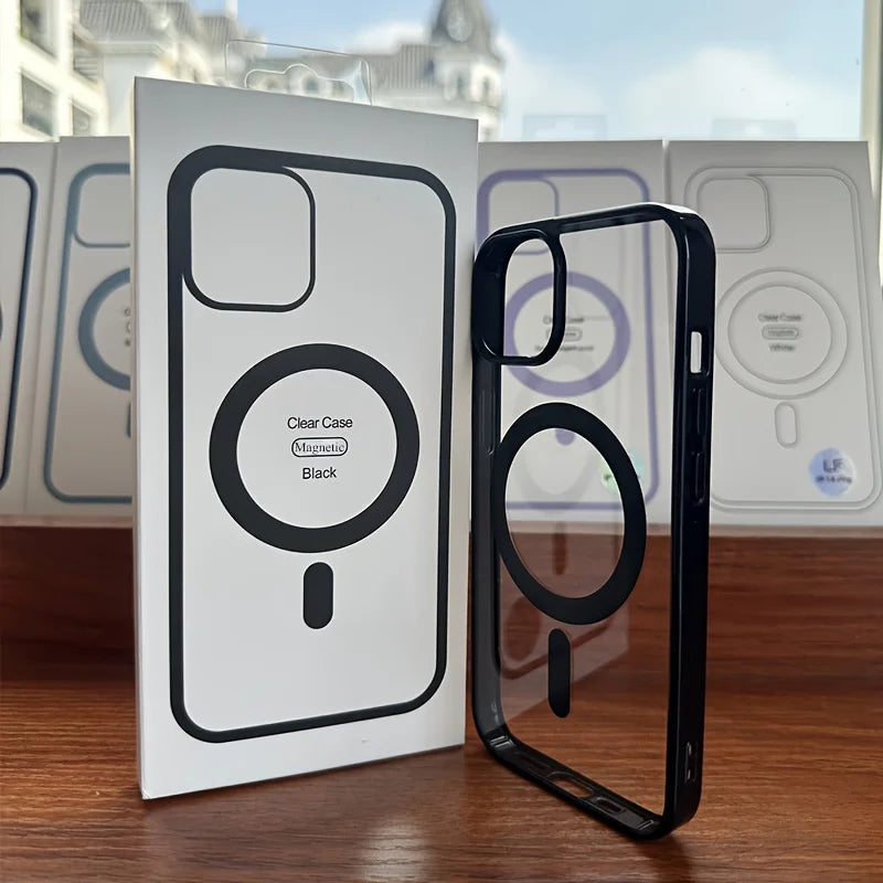 Clear Black Magnetic Phone Case for iPhone 15 14 Max Plus 13 12 Mini 11 Strong Magnet Mobile Cases with Box Shockproof Cover - Caseverse