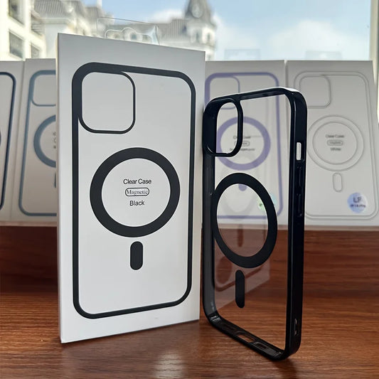 Clear Black Magnetic Phone Case for iPhone 15 14 Max Plus 13 12 Mini 11 Strong Magnet Mobile Cases with Box Shockproof Cover - Caseverse