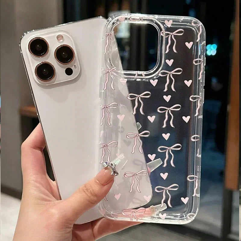 Case For iPhone 16 15 14 13 12 11 Pro Max Coquette Black Bowknot Print Clear Phone Cover For iPhone XR XS X 7 8 Plus SE2 Cases - Caseverse