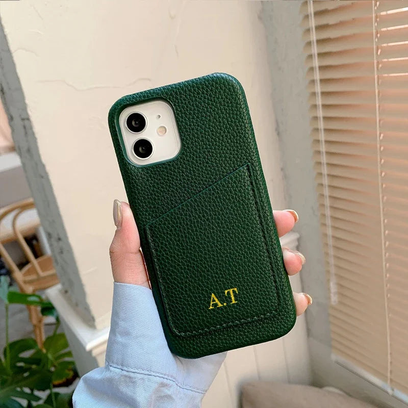 Personalized Phone Case with Card Holder Custom Initials Protective Cover iPhone16Promax 11 12 13 14 15Pro Max XS XR Mini - Caseverse