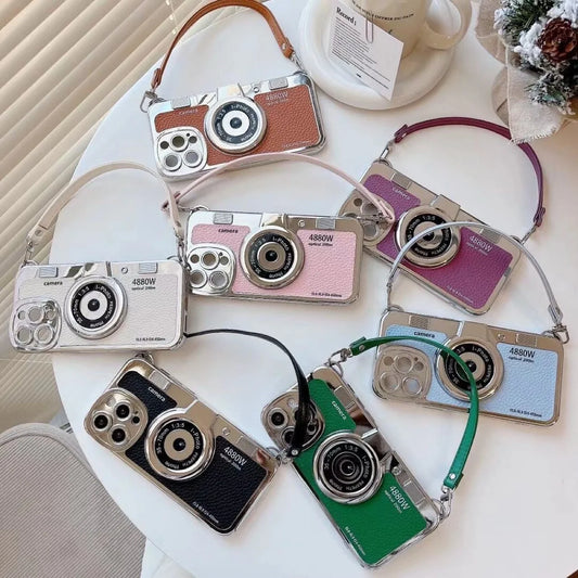 Creative Luxury 3D Retro Camera Phone Case for Iphone 15 14 13 12 11 Pro Max 14plus Cute Soft Tpu Phone Case Lanyard Back Cover