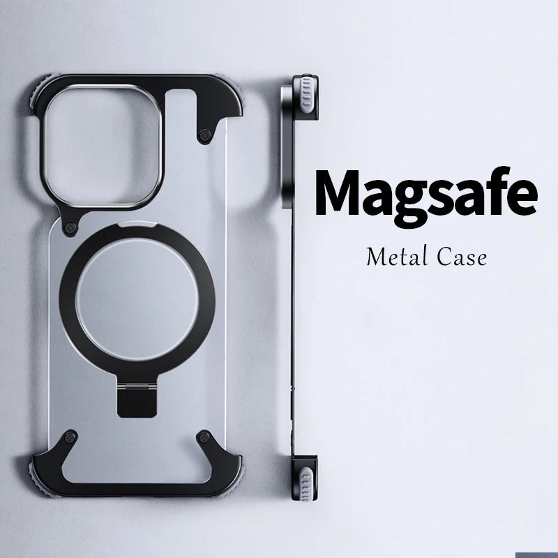 Aluminum Alloy Magnetic Stand Rimless Phone Case For iPhone 13 14 15 Pro Max 15Plus Metal Lens Shell  Frosted Matte Back Cover - Caseverse