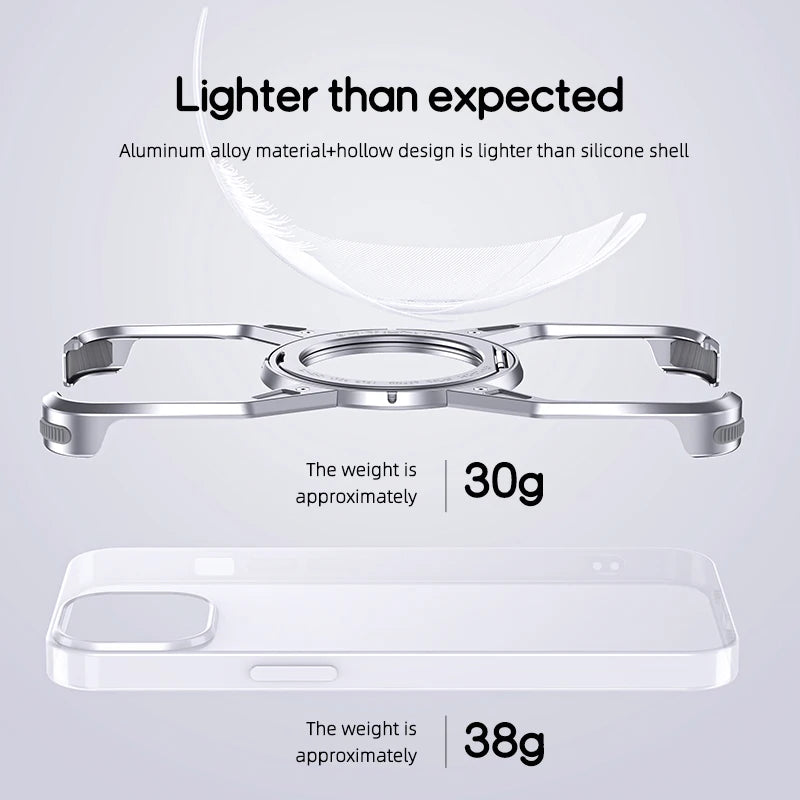 Metal Aluminium Alloy Magnetic Frameless Phone Case For iPhone 14 13 15 Pro Max 360° Stand Rimless Bumper Shockproof Metal Cover