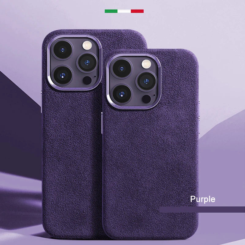 Alcantara Metal Lens Protection Phone Case for iPhone 12 13 14 15 16 Pro Max Magnetic Attraction High-end Imported Suede Cover