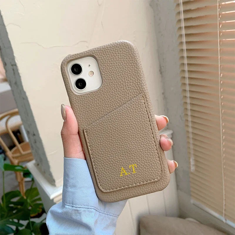 Personalized Phone Case with Card Holder Custom Initials Protective Cover iPhone16Promax 11 12 13 14 15Pro Max XS XR Mini - Caseverse