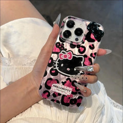Pink Leopard Print HelloKitty Bow Mobile Phone Case For iPhone 15 14 13 12 11 Pro Max XR XS 7 8 Plus Silicone Laser Covers Y2K