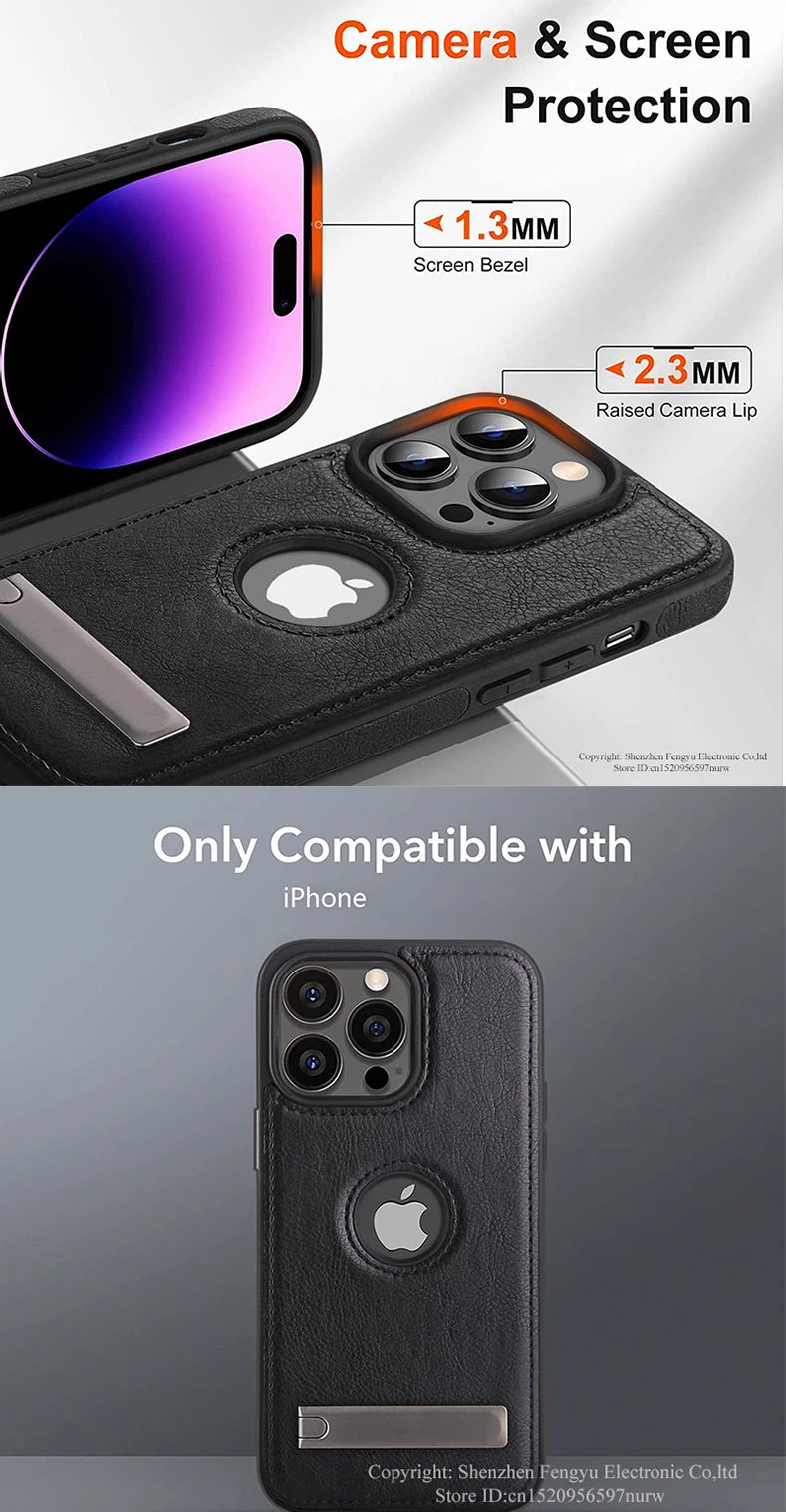 Leather Phone Case for iPhone 15 14 Pro Max Plus 13 12 11 Mobile Cases with Slim Metal Kickstand Soft Grip Luxury Back Cover