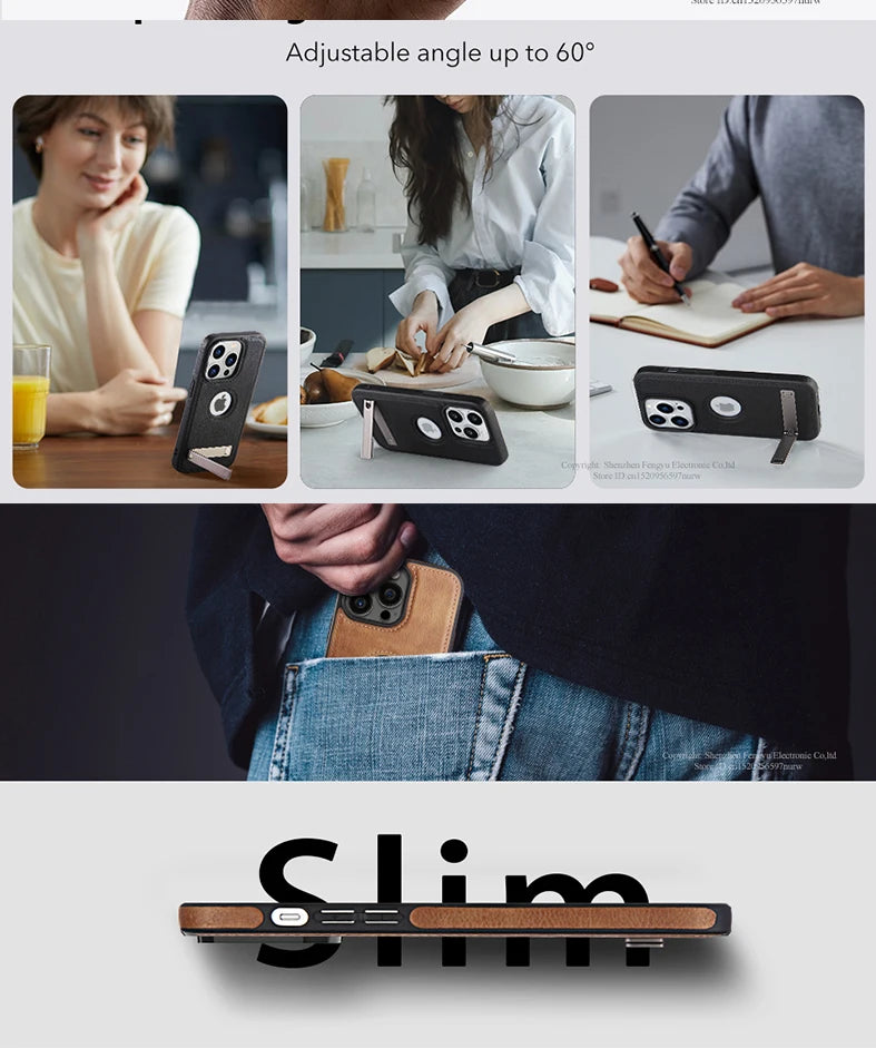 Leather Phone Case for iPhone 15 14 Pro Max Plus 13 12 11 Mobile Cases with Slim Metal Kickstand Soft Grip Luxury Back Cover