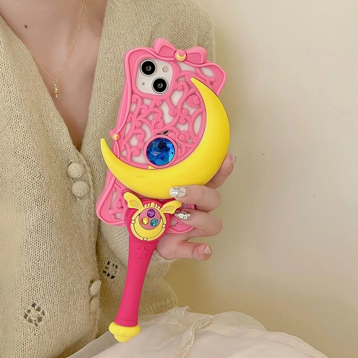 Suitable for Pink Pretty Girl Star Moon Stick iPhone 14 Pro Max 13 Phone Case 12 15 11 Silicone Full Package Anti Drop Soft Case - Caseverse