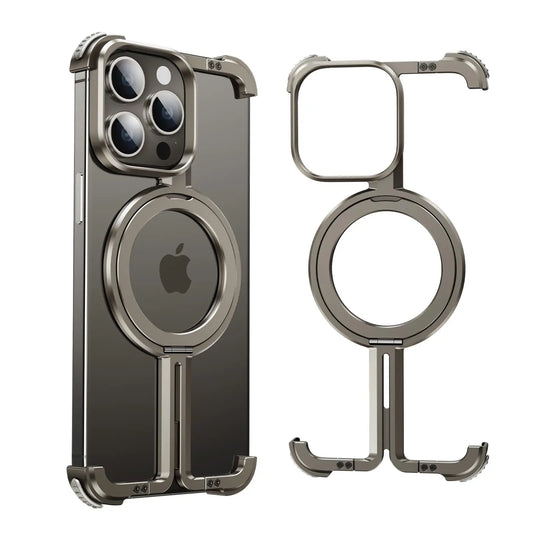 Luxury Magsafe Magnetic Metal Rimless Stand Phone Case For iPhone 16 15 14 13 Pro Max Plus Aluminum Alloy Shockproof Metal Cover