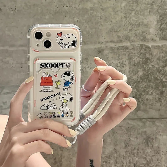 Cute Cartoon Peanut Snoopy Card Holder Pocket Phone Case For iPhone 16 15 14 13 12 11 Pro Max Cases Soft TPU Cover With Lanyard