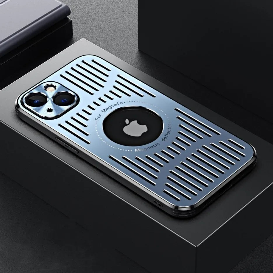 Fashion Metal Heat Dissipation Magnetic Magsafe Case for iPhone 14 16 Pro Max 13 12 15 16 Pro Logo Hole Wireless Charging Cover