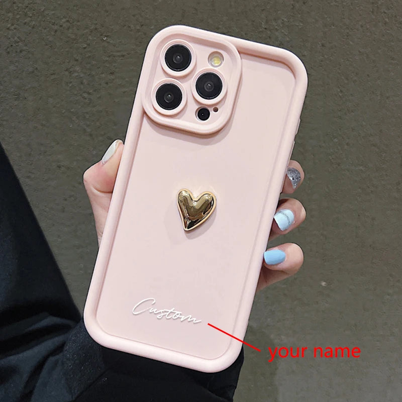 3D Gold Love Heart Personalized Custom Name Case For iPhone 16 15 14 13 12 11 Pro Max X XS XR 7 8 Plus Silicone Candy DIY Cover - Caseverse