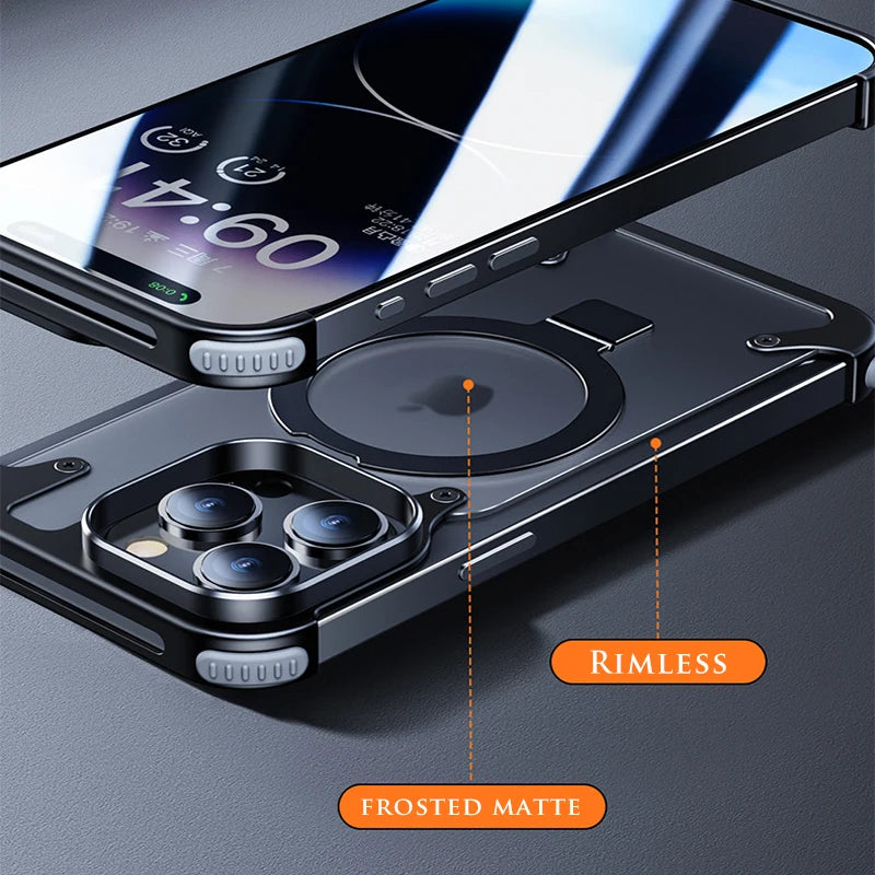 Aluminum Alloy Magnetic Stand Rimless Phone Case For iPhone 13 14 15 Pro Max 15Plus Metal Lens Shell  Frosted Matte Back Cover - Caseverse